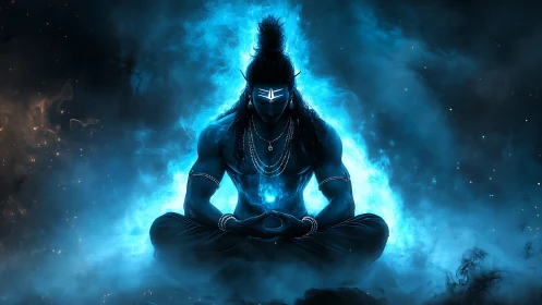Digital painting of meditative deity in celestial blue aura.