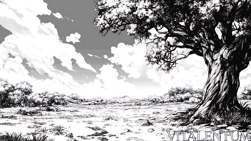 Ancient tree commands a sunlit plain beneath towering clouds