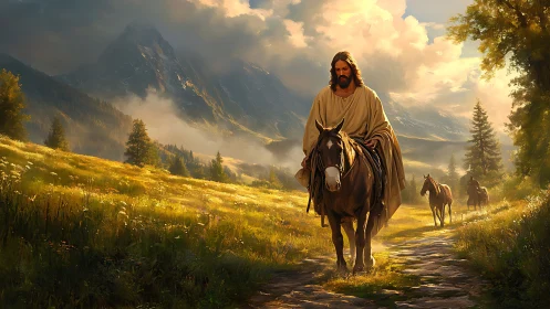 Soft-robed rider crossing golden meadow beneath brooding peaks.
