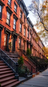 Late afternoon brownstone row with cast iron stoops and trees.