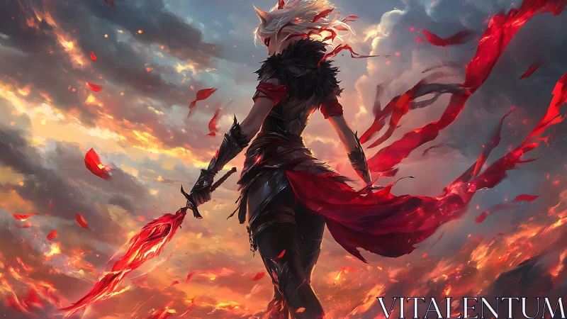 Blazing warrior silhouette beneath stormlit inferno sky.