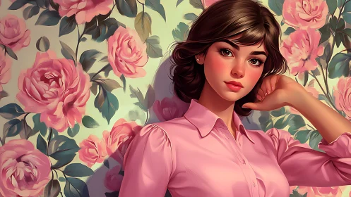 Digital portrait of brunette woman against stylized rose wallpaper.