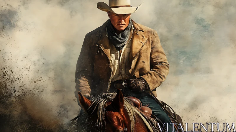 Weathered cowboy on horseback emerges through cinematic dust