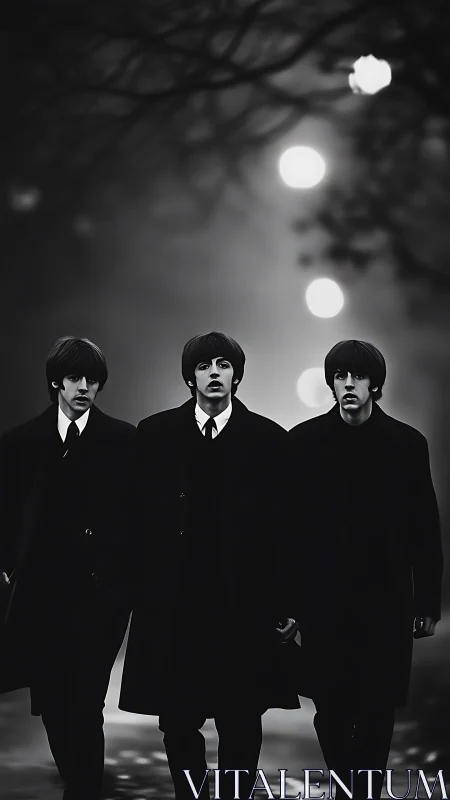 Triadic group walking through misty, high-contrast night street