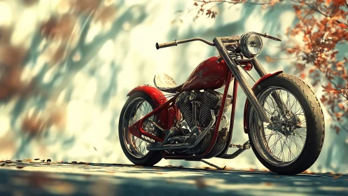 Red custom chopper motorcycle stands on sunlit ground