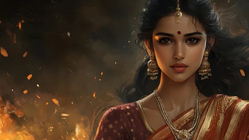 Elegant Indian Woman in Traditional Saree Amidst Dramatic Flames.