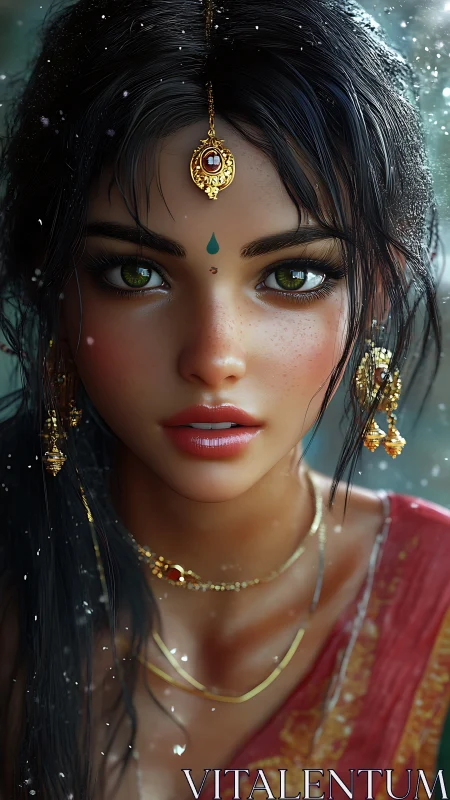 Digital portrait depicts woman with jewelry in close-up view