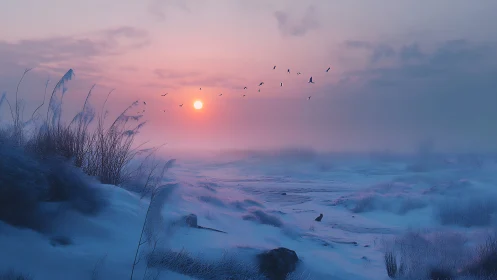 Winter marshland sunrise with mist, birds, and cool hues.
