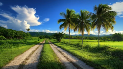 Linear dirt track divides sunlit tropical pasture under cumulus sky
