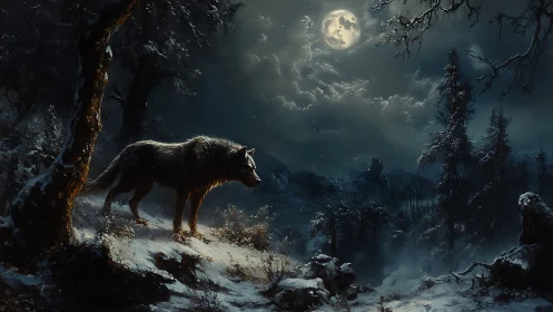 Lone wolf wandering softly beneath a glowing winter moon.