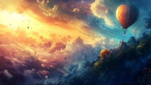 Hot air balloon over fantasy castle and glowing sky.