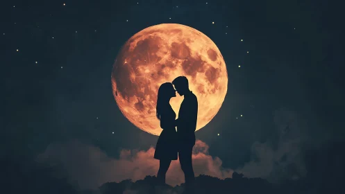 Silhouetted figures kissing against large full moon backdrop.
