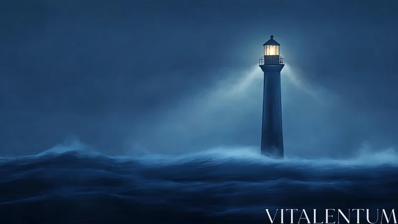 Lighthouse beam cuts through dark stormy ocean waves at night