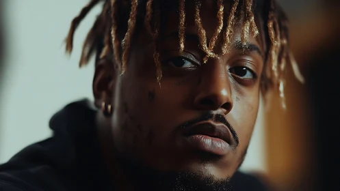 Close portrait of young man with blond dreadlocks, serious.