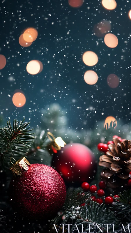 Red baubles and pinecone in softly falling Christmas snow.