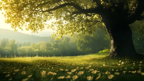 Golden light filters through an ancient tree over wild meadow
