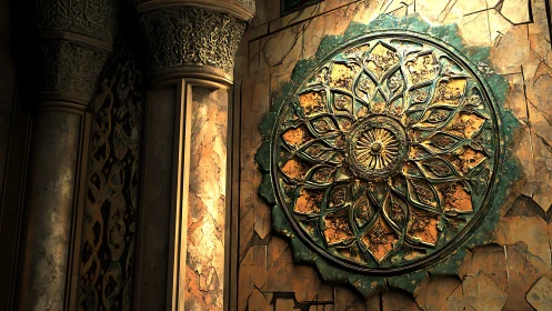 Sunlit carved medallion on a timeworn stone temple wall.