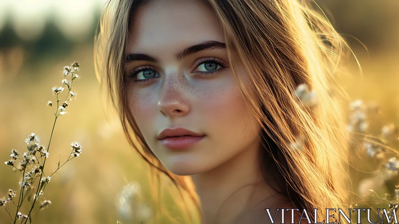 Sunlit portrait captures serene gaze in golden meadow.