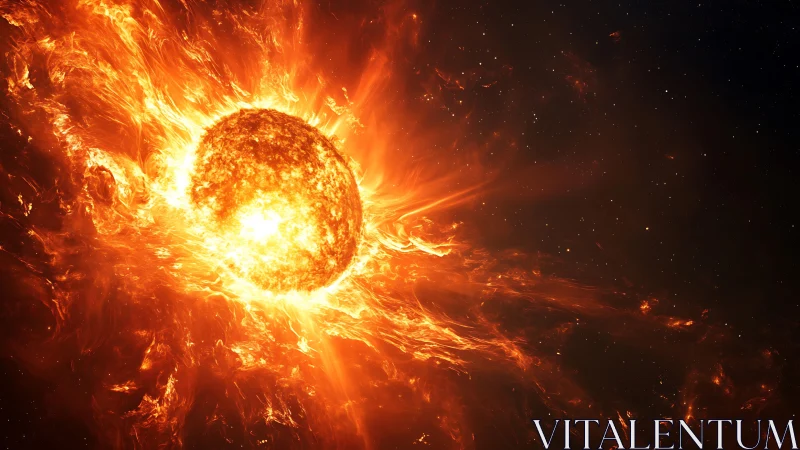 Exploding star hurls molten flares across deep black space