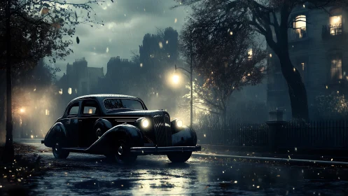 Vintage black sedan waits under rainy city streetlights