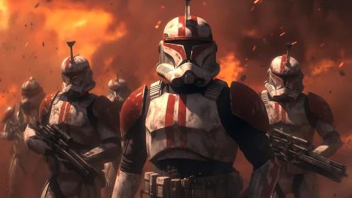 Armored sci fi soldiers advance through burning battlefield