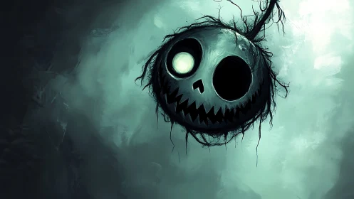 Circular skull-like face is suspended against a muted background