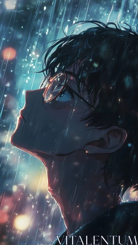 Side profile of youth in rainfall with city light bokeh.