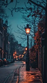 Gentle lamplight guiding a quiet rainy evening street.