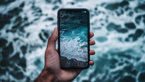 Hand holds smartphone framing turbulent teal ocean surf.
