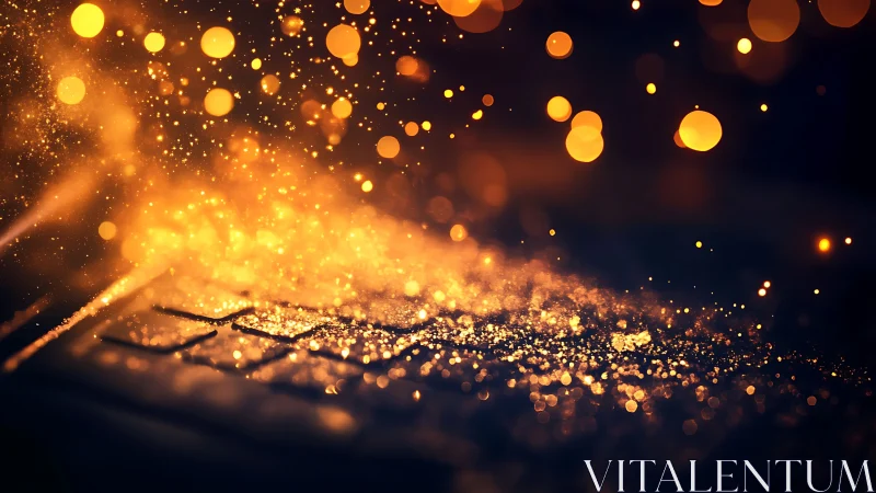 Glowing data sparks drift over an illuminated keyboard.