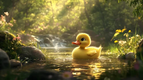 3D storybook scene of duckling in luminous forest creek.
