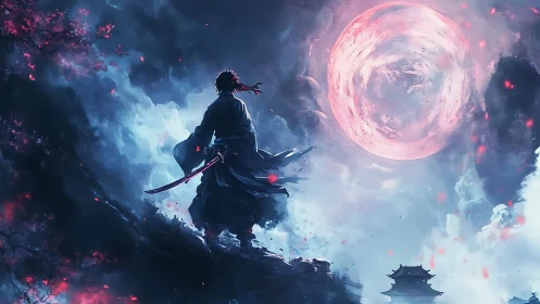 Samurai silhouette under large red moon on misty ridge.