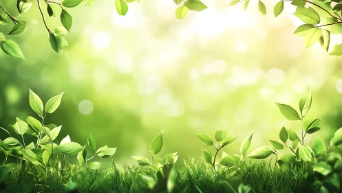 Sunny Nature Background with Green Leaves and Grass, Soft Focus.