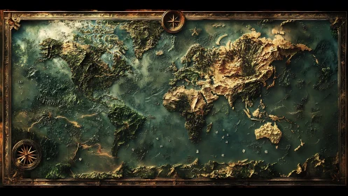 Story-rich world map glows with aged seas and rugged lands