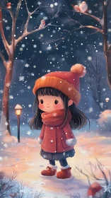 Winter woodland girl in red coat amid softly falling snowflakes