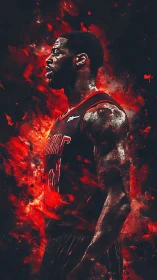 Profile view of basketball player amid abstract red effects.