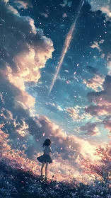 Atmospheric anime vista with meteor trail and floral foreground.
