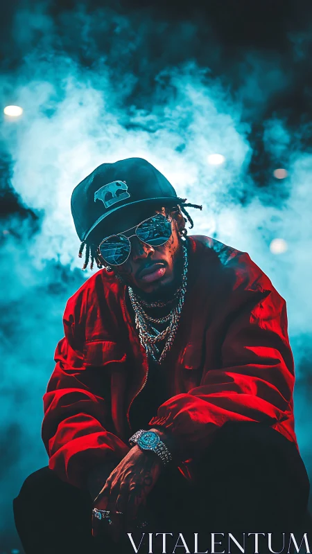 Neon cyan smoke portrait of streetwear artist in red jacket