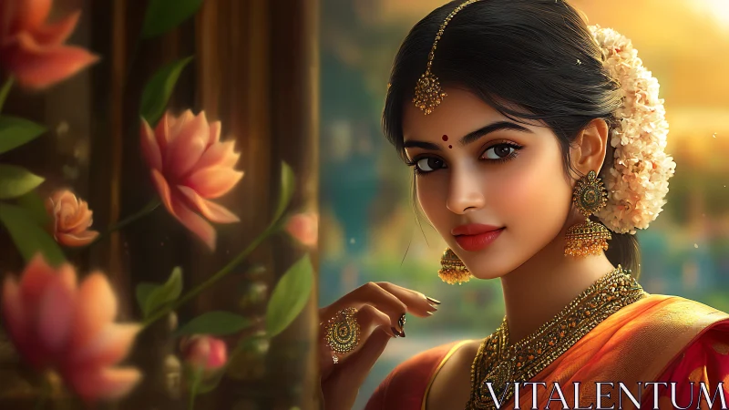 Golden-hour muse in sari among drifting temple blossoms.