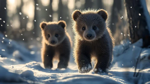 Two brown bear cubs moving through snowy forest path.