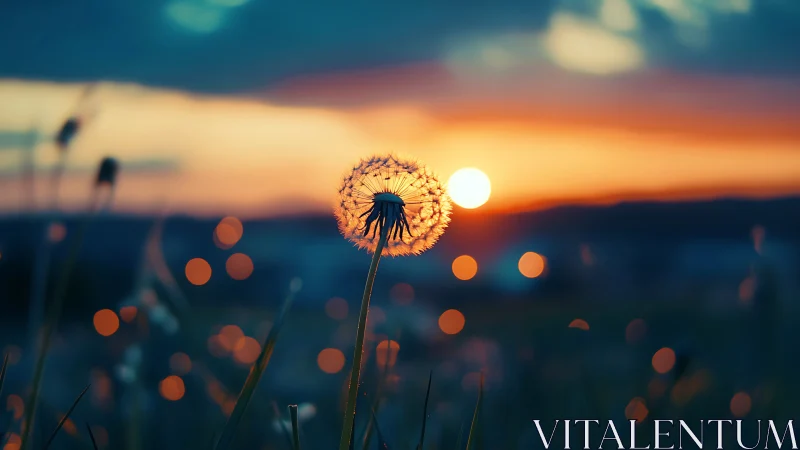 Photorealistic dandelion silhouette against sunset bokeh field.