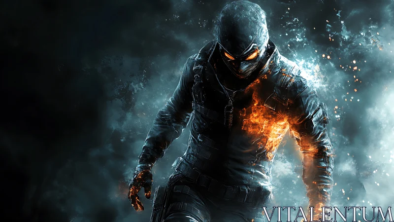 Armored figure with fiery effects in smoke filled scene.