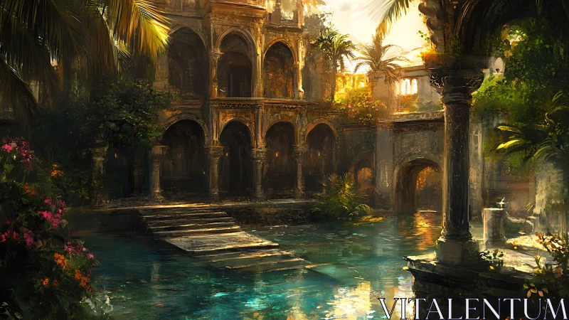 Sunlit courtyard pool beside weathered arched palace ruins.