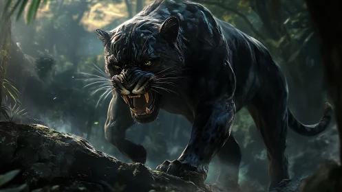 Obsidian Predator Prowls Through Mist-Shrouded Jungle.