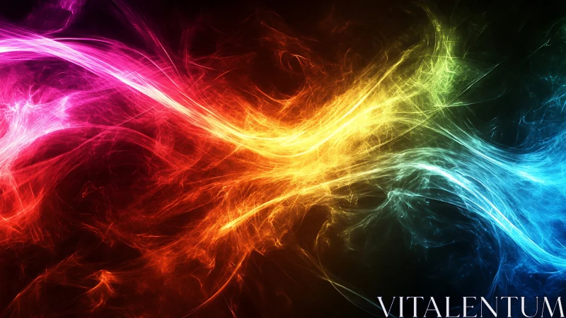 Dancing rivers of rainbow light swirling through darkness.