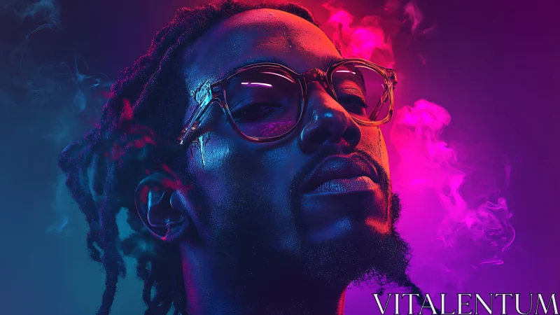 Neon portrait with glasses amid magenta and cyan smoke.