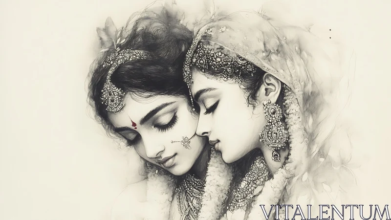 Ethereal Portrait of Two Indian Women in Traditional Attire, Artistic Style.