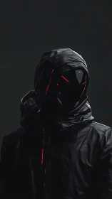 Hooded cyber figure in black jacket with red visor lights
