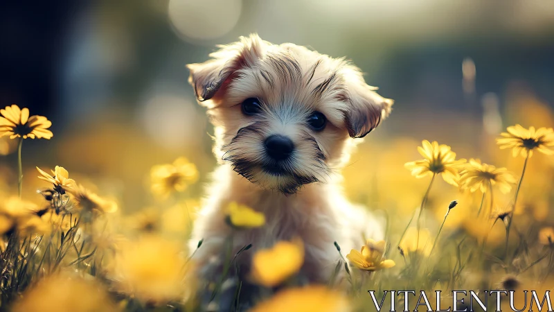 Puppy portrait amid yellow wildflowers at golden hour.