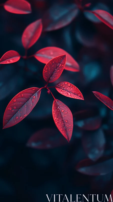 Red leaves with water droplets on dark defocused background.